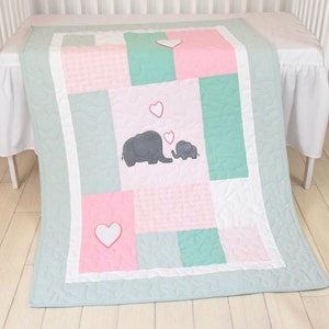 Pink Baby Blanket  Mint Elephant Quilt, Girl Crib Bedding, Patchwork Bespread