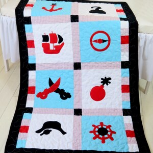 Pirate Blanket, Patchwork Quilt Blanket,Toddler Quilt Blanket, Black Red Aqua White Colors