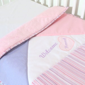 Custom Minky Baby Blanket, Personalized,  Embroidered, Soft pink-white, purple