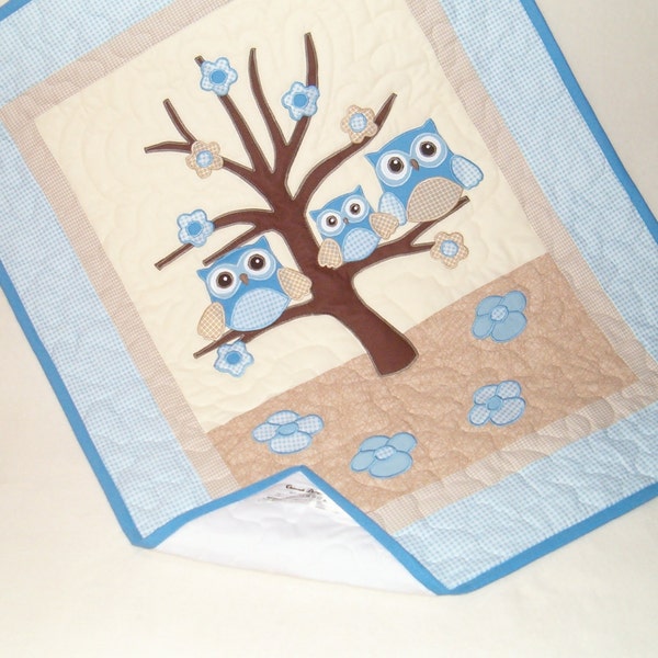 Organic Baby Blanket, Owl Crib Blanket,  Owl  Baby Blanket,  Blue Cream adn Beige Blanket,  Owl Nursery Decor