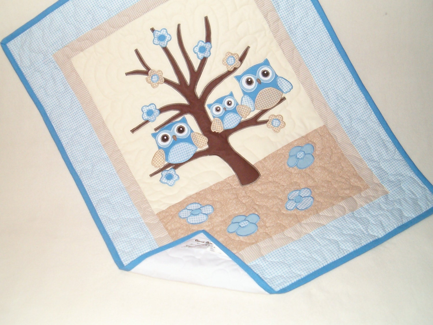 Organic Baby Blanket, Owl Crib Blanket,  Owl  Baby Blanket,  Blue Cream adn Beige Blanket,  Owl Nurs