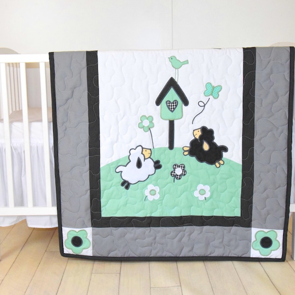 Baby Boy  Blanket, Lamb  Crib Quilt, Organic Sheep Blanket, Mint Green Black White and Gray Bedding