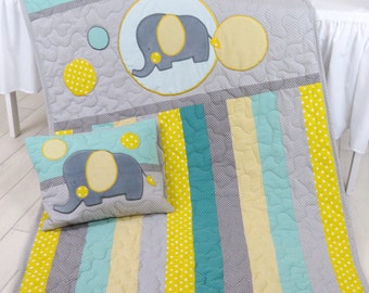 Baby Blanket, Teal Gray Crib Quilt, Elephant Bedding for Baby Boy, Handmade Quilting, Elephant Pillow