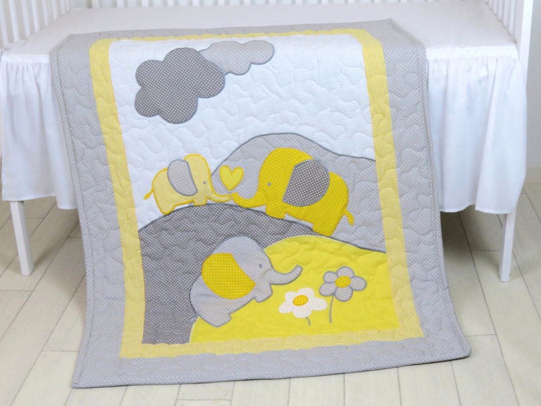 Gray Yellow Baby Blanket, Grey Elephant Blanket, Crib Blanket, Toddler