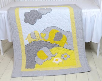 Gray Yellow Baby Blanket, Grey Elephant Blanket, Crib Blanket, Toddler Quilt Blanket