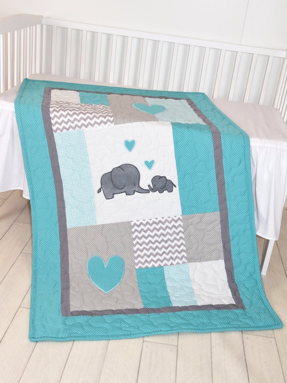 Elefanten Baby Bettwasche Turkis Blau Und Grau Decke Etsy