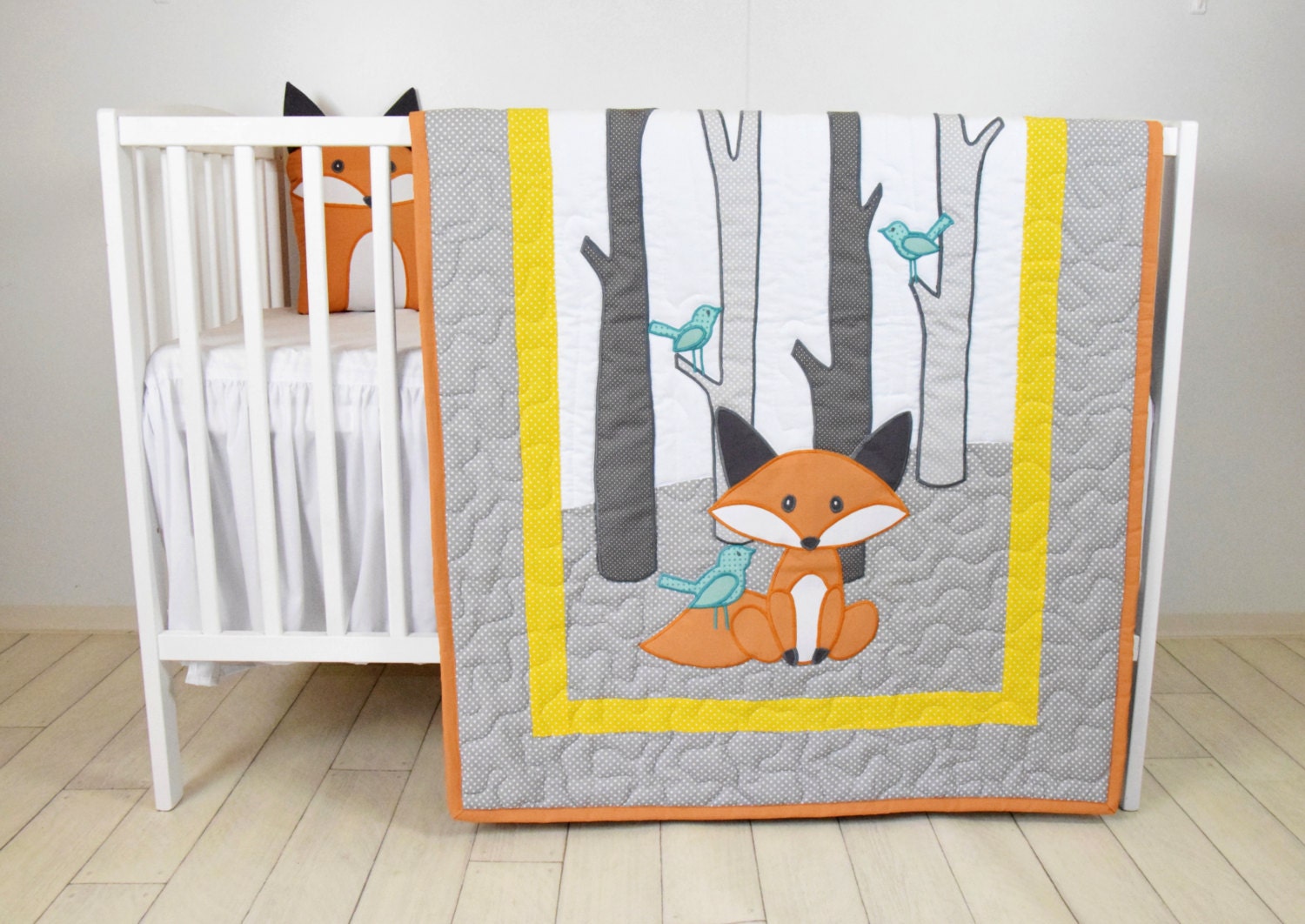 Fox Blanket Yellow Gray Nursery Baby Boy Quilt Woodland Crib