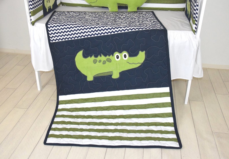 Alligator Quilt Crib Baby Blanket Green Navy Off White