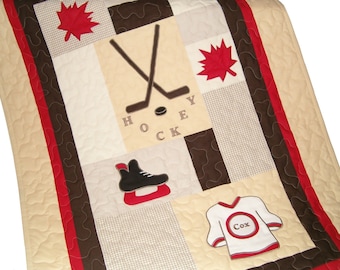 Canadian Hockey  Quilt, Sports Quilt,  Crib Baby Quilt, Organic Nursery Bedding, Personalized Baby Shower Gift