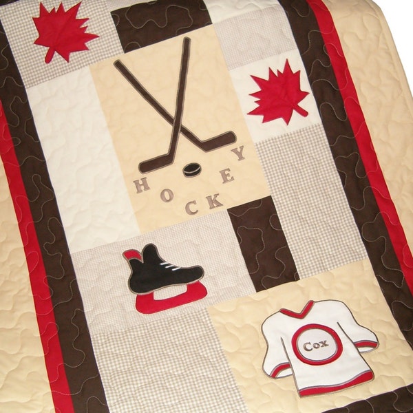 Canadian Hockey  Quilt, Sports Quilt,  Crib Baby Quilt, Organic Nursery Bedding, Personalized Baby Shower Gift