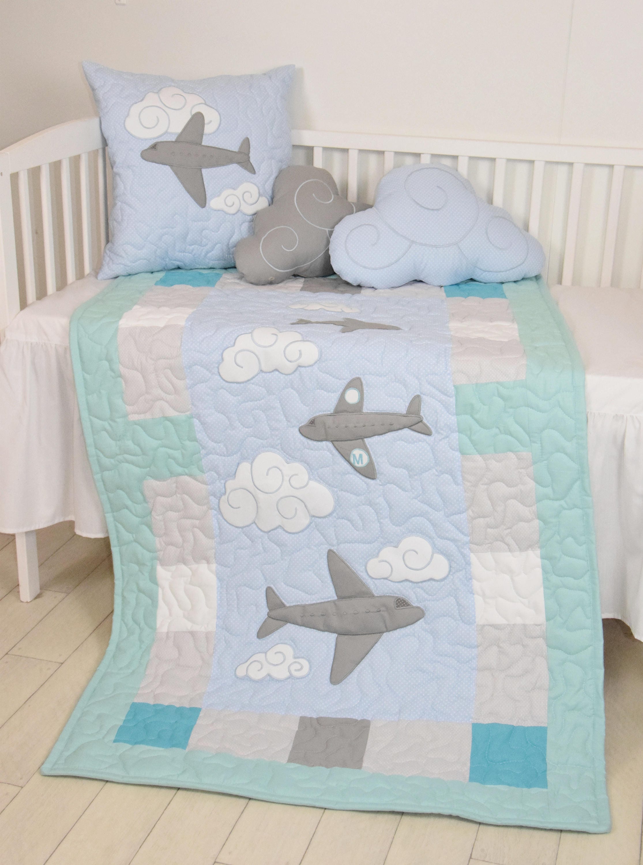Airplane Baby Blanket Clouds Crib Quilt Fly Away Modern Nursery Airplane Baby Blanket Clouds Crib Quilt Fly Away Modern Nursery