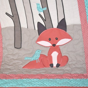 Fox Blanket, Baby Boy or Girl Crib Bedding, Personalized Fox Nursery Quilt, Boy Crib Bedding, Teal Coral Gray Forest Blanket image 2