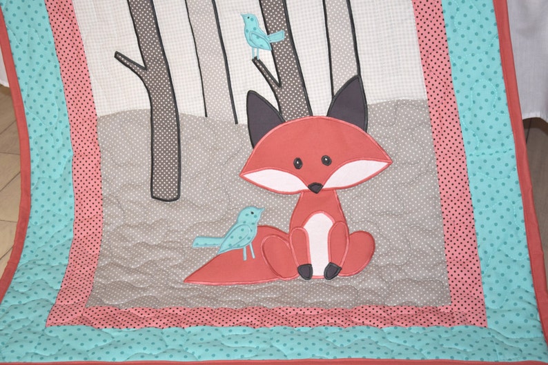 Fox Blanket, Baby Boy or Girl Crib Bedding, Personalized Fox Nursery Quilt, Boy Crib Bedding, Teal Coral Gray Forest Blanket image 2