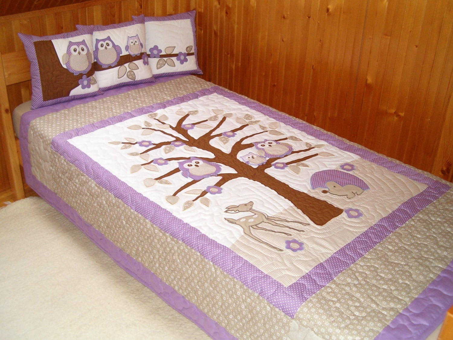 Kids Blankets, Handmade Quilt  Blanket, Purple Owl Quilt and Owl Pillow