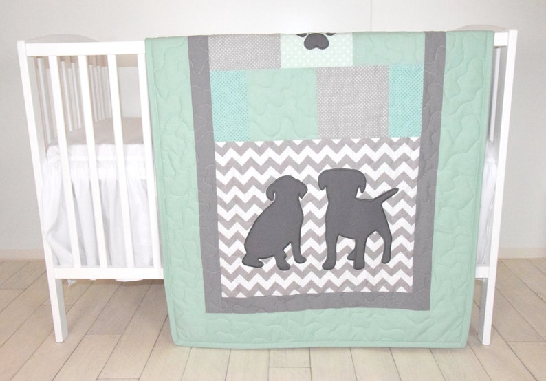 Baby Boy Bedding Puppy Quilt Dog Nursery Blanket Chevron Kids Mint Green Gray Labrador Custom Made