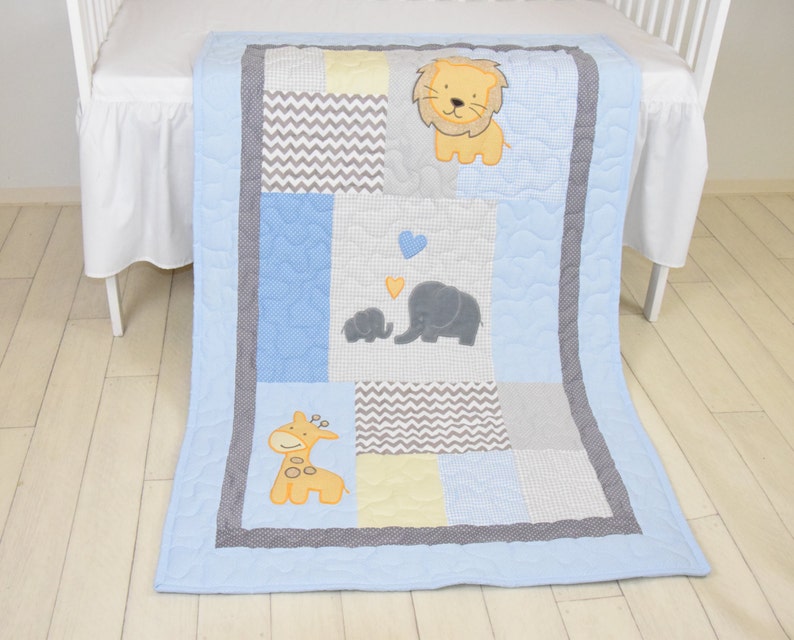Baby Blue Blanket Elephant Boy Quilt Crib Safari Bedding Etsy