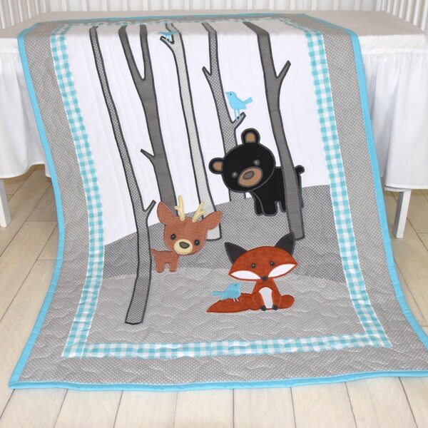 Woodland Blanket, Baby Boy or Girl Crib Bedding, Forest Nursery Quilt, Boy Crib Bedding, Cute  Fox,  Bear, Deer  Blanket
