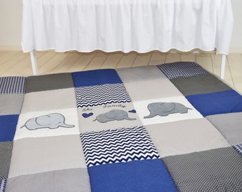 Play Mat Large Elephant Baby Rug, Padded Navy Gray Playmat, Chevron BabyMat