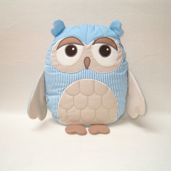 Owl Pillow, Organic Owl TOY Stuffed Animal, Custom Baby Pillow,  Softie  Sky Blue Beige Brown