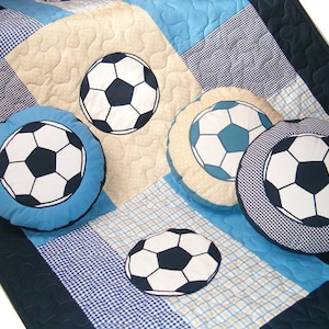 Soccer Ball  Quilts - Patchwork Toddler Blanket - Sports Theme - Toddler Gift,  Soccer Ball Pillows (3) -  blue, beige, white- HET