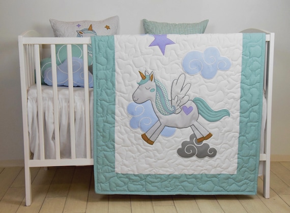 Unicorn Baby Blanket Fantasy Quilt Clouds Magical Nursery Horse Bedding Shower Gift Idea Etsy Canada