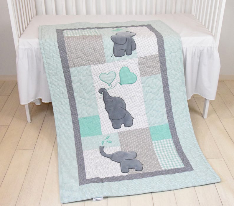 Baby Quilt Elephant Blanket Mint Green Gray Crib Bedding | Etsy
