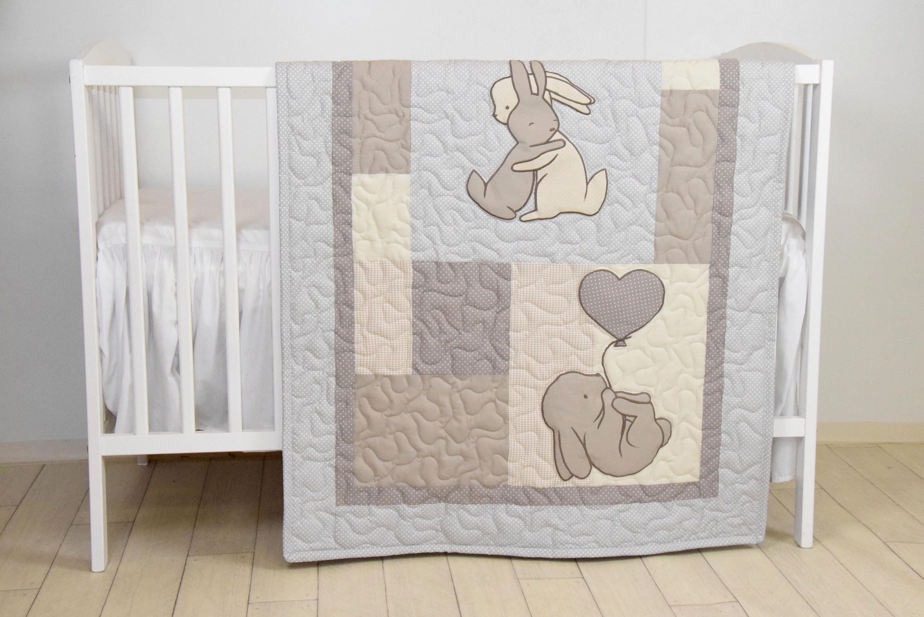 Bunny Baby Crib Quilt, Rabbit Blanket, Neutral Bunnies Bedding for Baby Boy or Baby Girl, Beige, Ivory, Gray