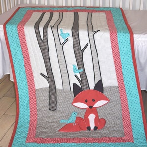 Fox Blanket, Baby Boy or Girl Crib Bedding, Personalized Fox Nursery Quilt, Boy Crib Bedding, Teal Coral Gray Forest Blanket image 3