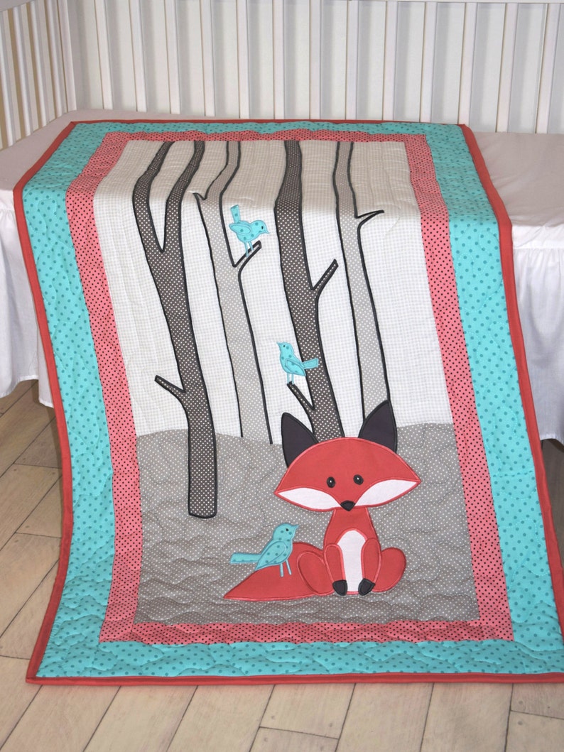 Fox Blanket, Baby Boy or Girl Crib Bedding, Personalized Fox Nursery Quilt, Boy Crib Bedding, Teal Coral Gray Forest Blanket image 3