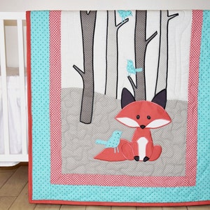 Fox Blanket, Baby Boy or Girl Crib Bedding, Personalized Fox Nursery Quilt, Boy Crib Bedding, Teal Coral Gray Forest Blanket image 1