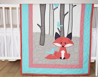 Fox Blanket, Baby Boy or Girl Crib Bedding, Personalized Fox Nursery Quilt, Boy Crib Bedding, Teal Coral Gray Forest Blanket