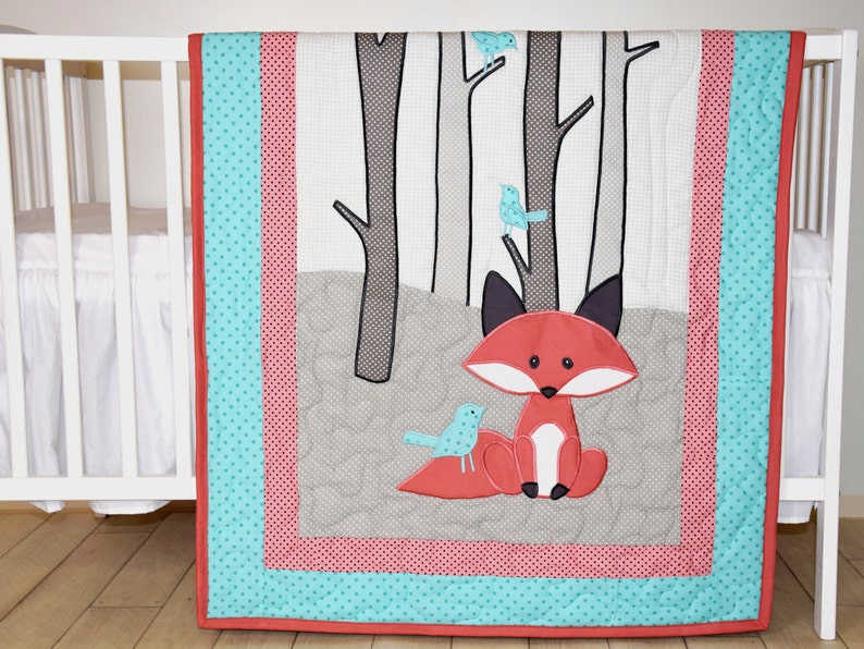 Fox Blanket, Baby Boy or Girl Crib Bedding, Personalized Fox Nursery Quilt, Boy Crib Bedding, Teal Coral Gray Forest Blanket image 1