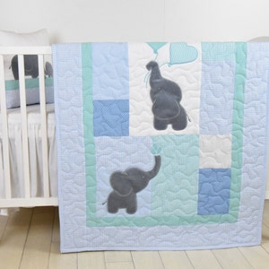 Baby  Quilt,  Elephant Blanket, Mint Blue Gray Crib Bedding, Safari Nursery