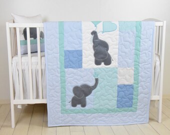 Baby  Quilt,  Elephant Blanket, Mint Blue Gray Crib Bedding, Safari Nursery