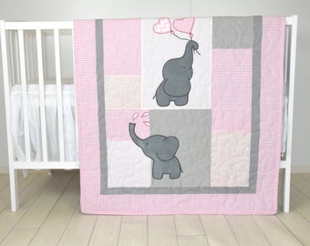 Baby  Girl  Quilt,  Elephant Blanket, Pink Gray Crib Bedding, Safari Nursery