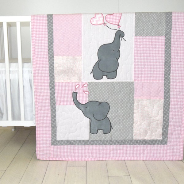 Baby  Girl  Quilt,  Elephant Blanket, Pink Gray Crib Bedding, Safari Nursery