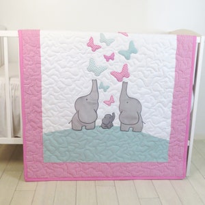 Personalized Baby Quilt, Kids Blanket, Elephant, Butterflies  Crib Bedding, Pink Mint and White, Children Room Decor Giftidea for Birthday