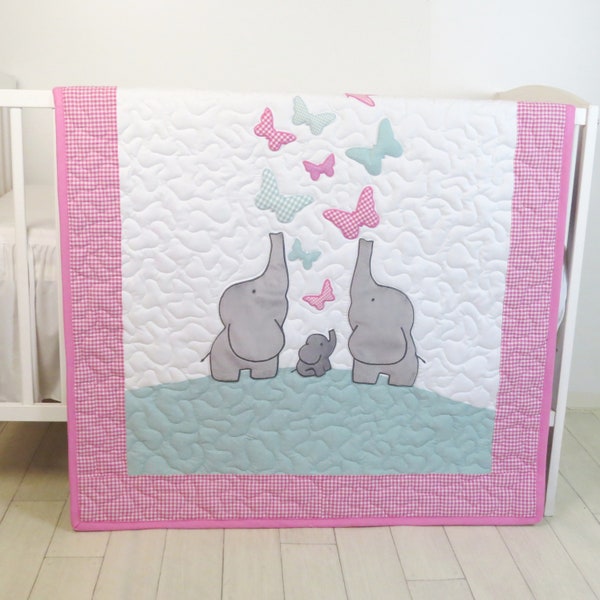 Personalized Baby Quilt, Kids Blanket, Elephant, Butterflies  Crib Bedding, Pink Mint and White, Children Room Decor Giftidea for Birthday