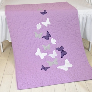 Butterfly Blanket, Purple  White Gray Butterfly Quilt Blanket, Modern Baby Crib Blanket