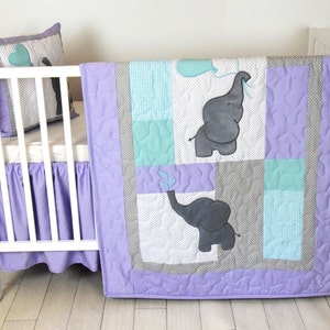 Baby  Quilt,  Elephant Blanket, Teal Purple Gray Crib Bedding, Safari Nursery