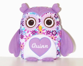 Owl Pillow Cover amd Pillow, Owl Throw Pillow, Monogram Pillow , Designer Owl  Pillow,   Custom Baby Pillow,  purple, white