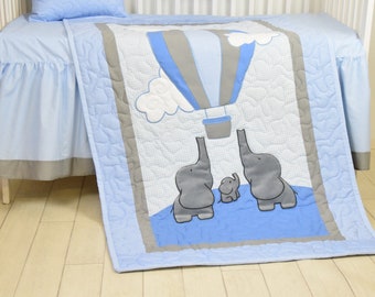 Baby Blue Boy Blanket, Personalized Crib Quilt, Elephant Bedding, Safari Nursery