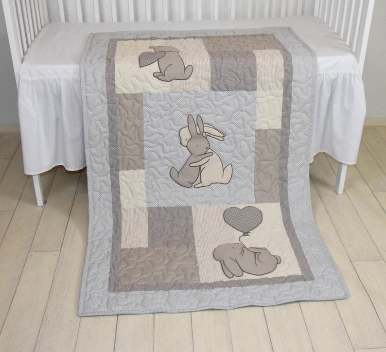 Bunny Baby Crib Quilt Rabbit Blanket Neutral Bunnies Bedding Etsy