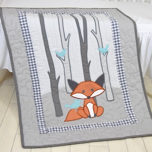 Fox Blanket, Teal  Gray Nursery, Baby Boy Quilt, Woodland Crib Bedding, Forest Blanket,  Custom Made