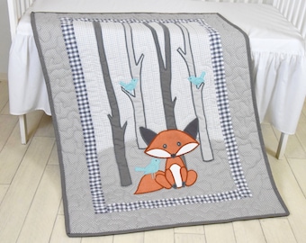 Fox Blanket, Teal  Gray Nursery, Baby Boy Quilt, Woodland Crib Bedding, Forest Blanket,  Custom Made