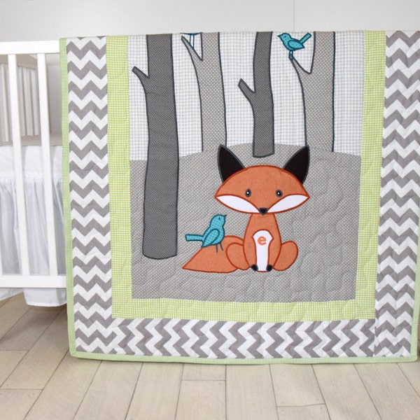 Woodland blanket, Birch tree crib quilt, Personalized fox crib bedding, Personalized baby blanket, gray chevron and lime