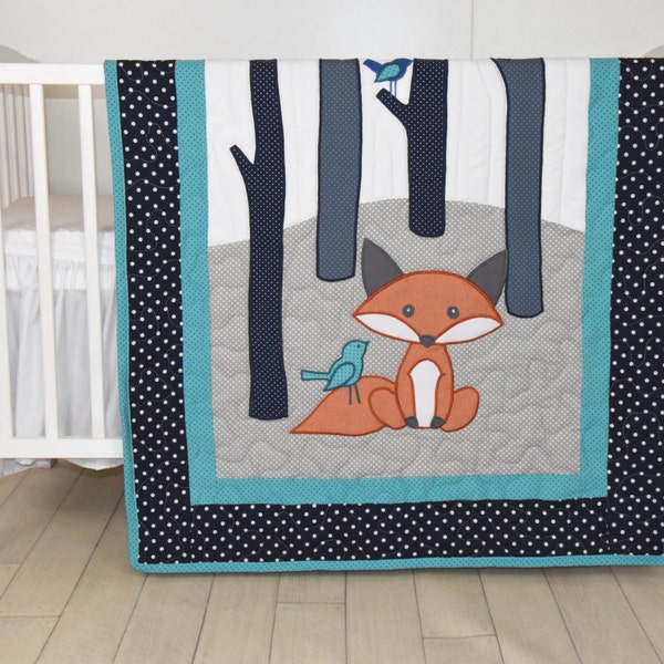 Fox Blanket, Teal Navy  Gray Nursery, Baby Boy Quilt, Woodland Crib Bedding, Forest Blanket,  Custom Made