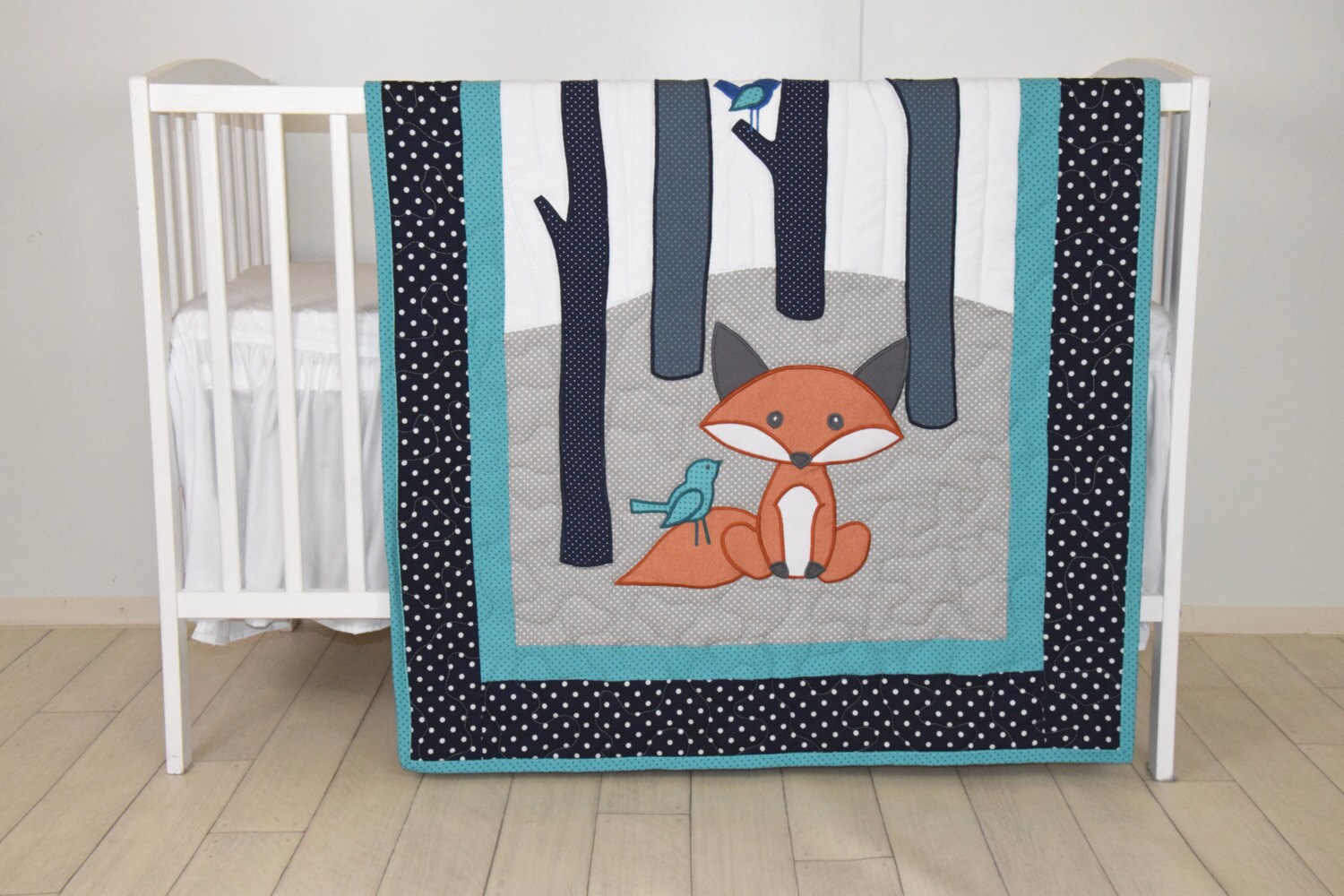 Fox Blanket Teal Navy Gray Nursery Baby Boy Quilt Woodland