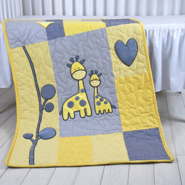 Baby Boy Blanket, Giraffe Jungle Quilt, Safari Nursery Bedding, Yellow Gray Baby Room Decoration