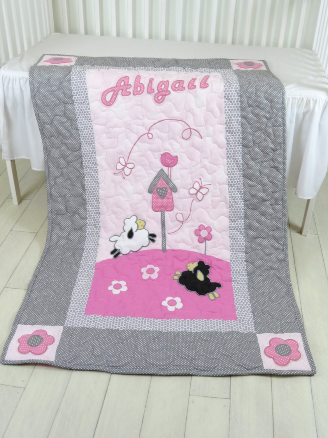 Pink Gray Baby Blanket Personalized Lamb Crib Blanket Organic